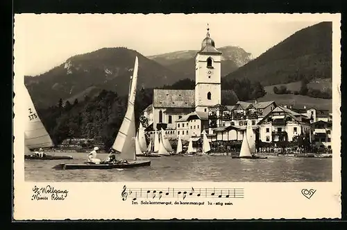 AK St. Wolfgang, Segelboote vor dem Hotel Weisses Rössl, Liedzeile