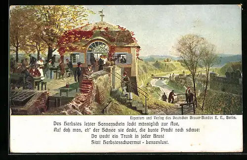 Künstler-AK Zeno Diemer: Biergarten auf einer Terrasse mit schöner Aussicht - Werbung der Deutschen Brauer