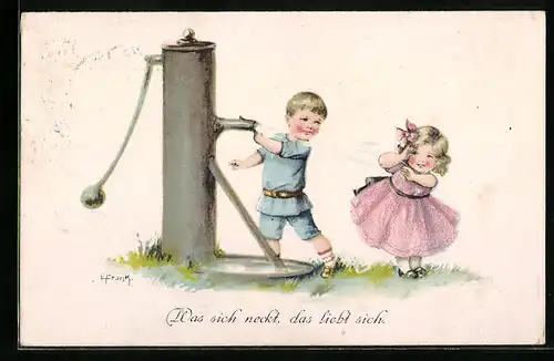 Künstler-AK Elly Frank: Was sich liebt, das neckt sich - Kinder an einer Wasserpumpe