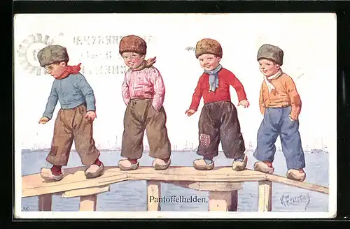 Künstler-AK Karl Feiertag: Pantoffelhelden - Knaben in Holzschuhen auf einem Steg am Meer