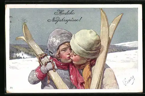 Künstler-AK Karl Feiertag: Junges Paar mit Skiern beim ersten Kuss - Neujahrsgruss