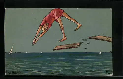 Künstler-AK Ermenegildo Carlo Donadini: Zerbrochenes Sprungbrett beim Sprung ins Meer
