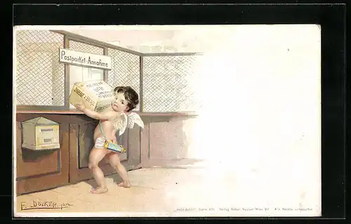Künstler-AK E. Döcker: Engel mit Paket am Postschalter