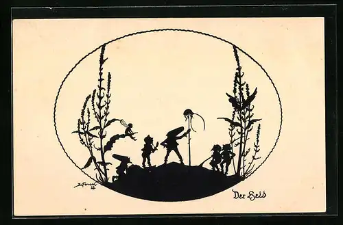 Künstler-AK Elsbeth Forck: Der Held - Elfen und Zwerg mit erlegtem Käfer