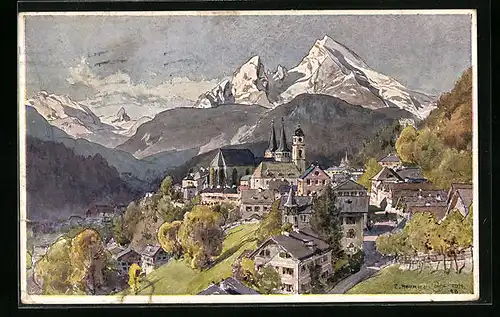 Künstler-AK Edward Harrison Compton: Berchtesgaden aus der Vogelschau