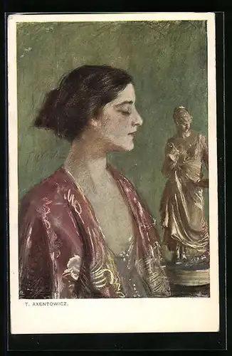 Künstler-AK Teodor Axentowicz: Dame im Umhang mit Bronzefigur