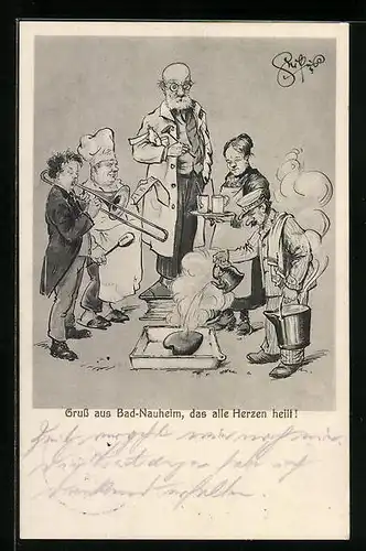 Künstler-AK Heinz Geilfus: Gruss aus Bad-Nauheim, das alle Herzen heilt
