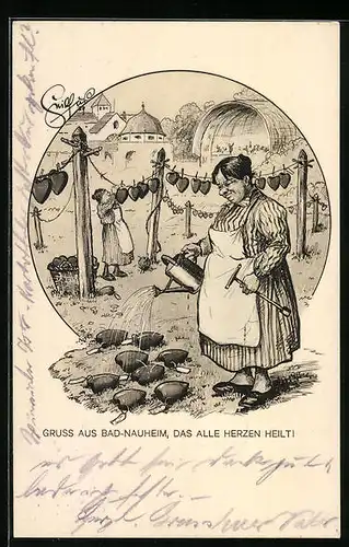 Künstler-AK Heinz Geilfus: Gruss aus Bad-Nauheim, das alle Herzen heilt