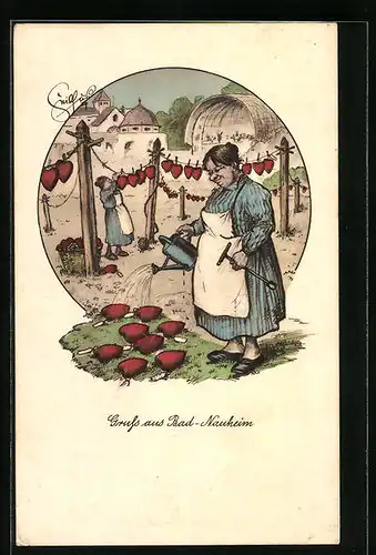 Künstler-AK Heinz Geilfus: Gruss aus Bad-Nauheim, Dame giesst Herzen