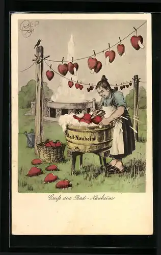 Künstler-AK Heinz Geilfus: Gruss aus Bad-Nauheim, Dame wäscht Herzen