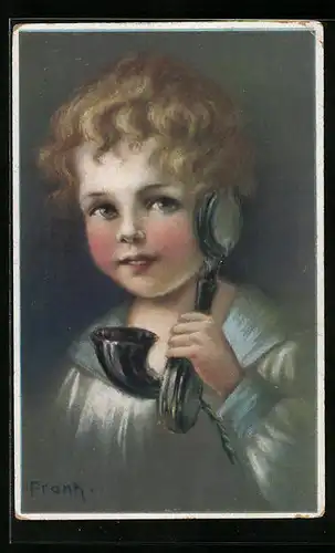 Künstler-AK Elly Frank: Junge am Telefon, Hier Bubbi - wer dort?