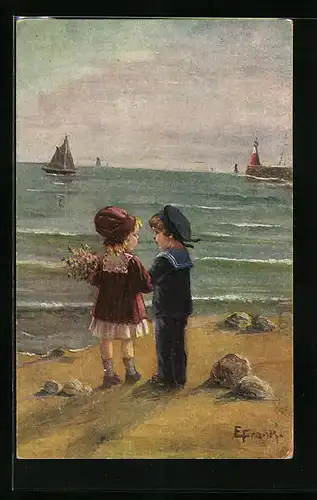 Künstler-AK Elly Frank: Strandpromenade mit Kindern