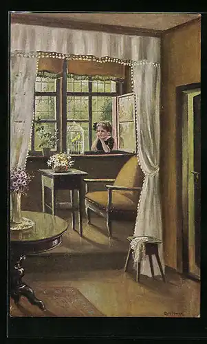 Künstler-AK Elly Frank: Guten Morgen, Junge mit Vogel am Fenster