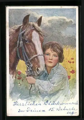 Künstler-AK Karl Feiertag: Mädchen mit Pferd auf den Feldern