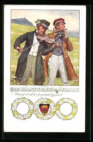 Künstler-AK Karl Friedrich Gsur: Deutscher Schulverein Nr. 107: Drauss ist alles so prächtig... - Musikanten im Grünen