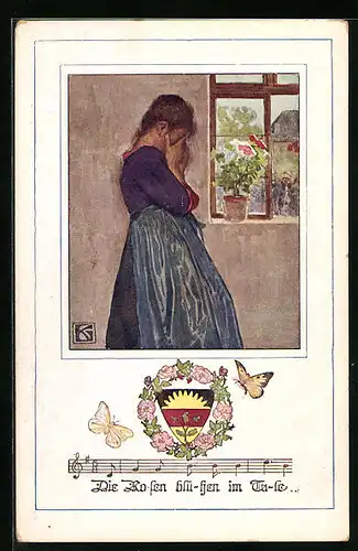 Künstler-AK Karl Friedrich Gsur: Deutscher Schulverein Nr. 1065: Weinendes Mädchen am Fenster