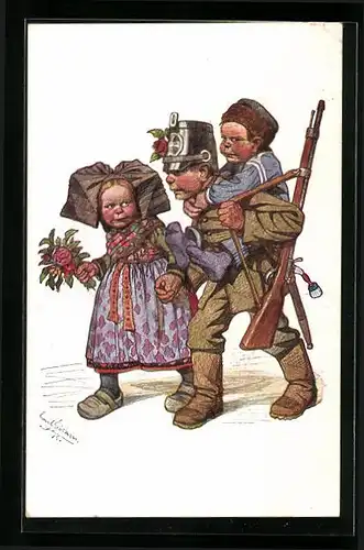 Künstler-AK Emil Beithan: Mädchen in Pantinen und kleiner Soldat mit Kind im Huckepack