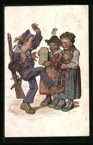 Künstler-AK Emil Beithan: Hüpfender Marinesoldat und zwei Mädchen im Dirndl