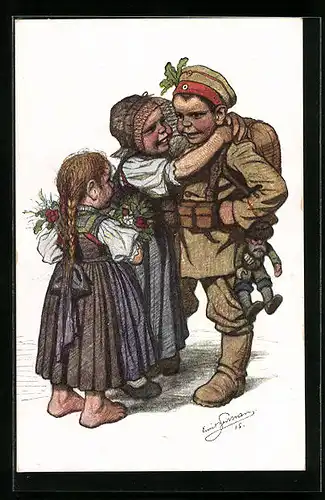 Künstler-AK Emil Beithan: Kleiner Soldat mit Puppe am Koppel wird von zwei Mädchen begrüsst