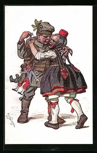 Künstler-AK Emil Beithan: Heimgekehrter kleiner Soldat zeigt sein Eisernes Kreuz
