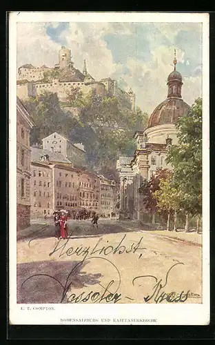 Künstler-AK Edward Theodore Compton: Hohensalzburg und Kajetanerkirche