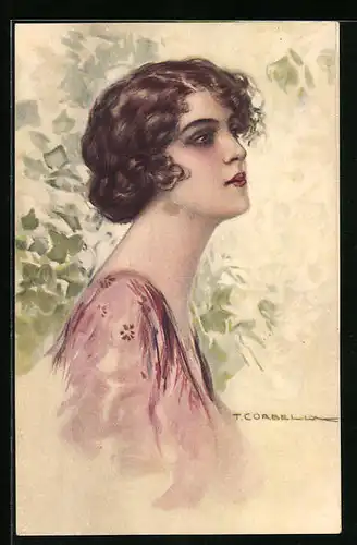 Künstler-AK Tito Corbella: Junge Frau mit lockiger Kurzhaarfrisur vor schneebedecktem Efeu