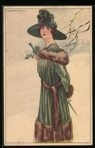 Künstler-AK Tito Corbella: Junge Dame in grünem Kleid mit Tellerhut in einer Winterlandschaft