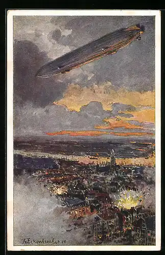 Künstler-AK Themistokles von Eckenbrecher: Zeppelin im Krieg über Antwerpen