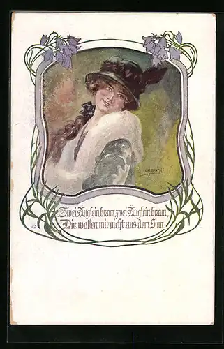 Künstler-AK W. Braun: Zwei Äuglein braun... - Junge Dame, umrahmt von Glockenblumen