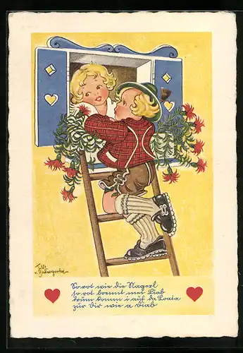 Künstler-AK Tilly von Baumgarten: Kleiner Bayer in Tracht beim Fensterln