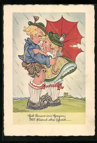 Künstler-AK Tilly von Baumgarten: Kleines bayerisches Trachtenpaar im Unwetter