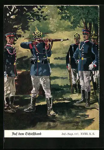 Künstler-AK Döbrich-Steglitz: Soldaten beim Üben Auf dem Schiessstand im Wald