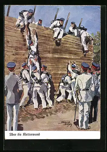 Künstler-AK Döbrich-Steglitz: Marinesoldaten bei einer Kletterübung an einer Holzwand