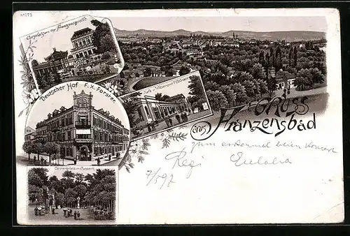 Lithographie Franzensbad, Curpfalz von der Franzensquelle, Hotel Deutscher Hof, Totalansicht