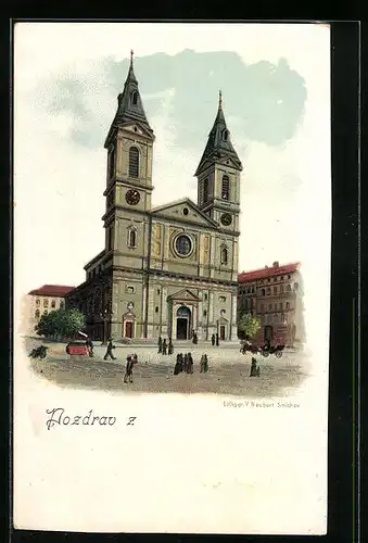 Lithographie Prag / Praha, Smichov, Ansicht der Kirche