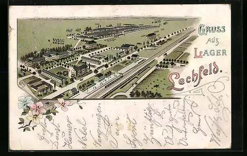 Lithographie Lechfeld, Gesamtansicht des Truppenlagers aus der Vogelschau