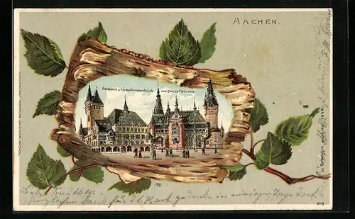 Passepartout-Lithographie Aachen, Rathaus und Verwaltungsgebäude vom Chorusplatz aus