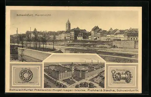 AK Schweinfurt a. M., Präzisions-Kugel-Lager-Werke von Fichtel & Sachs., Ortspartie mit Mainansicht