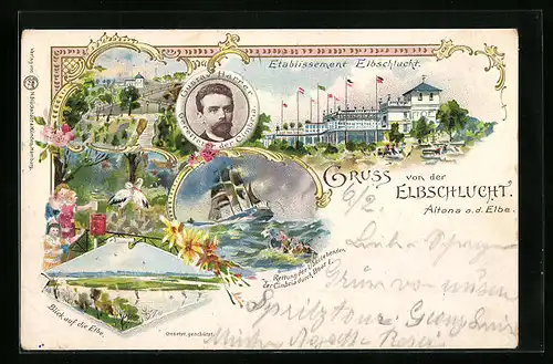 Lithographie Hamburg-Altona, Gasthaus Elbschlucht, Weissstorche, Portrait von Gustav Harrer