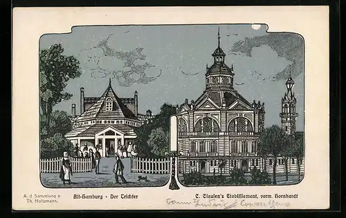 Künstler-AK Alt-Hamburg, Gasthaus Der Trichter und C. Clausens Etablissement bei Mondschein