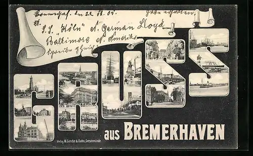 AK Bremerhaven, Kirche, Hafenpartie, Dampferanlegestelle