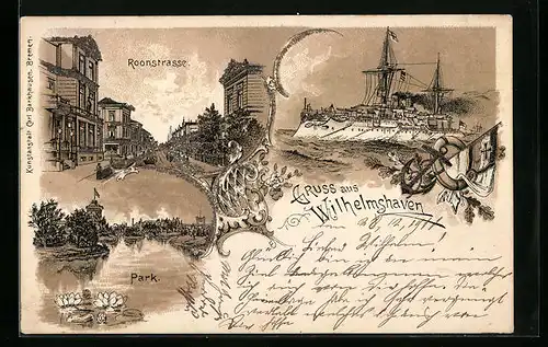Lithographie Wilhelmshaven, Roonstrasse, Parkanlagen, Kriegsschiff der kaiserlichen Marine