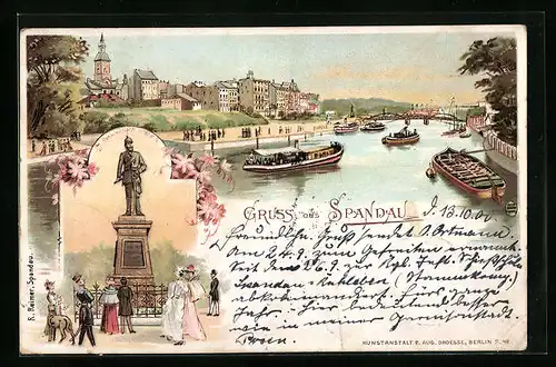 Lithographie Berlin-Spandau, Denkmal Kaiser Friedrich III. Hafenpartie mit Dampfer