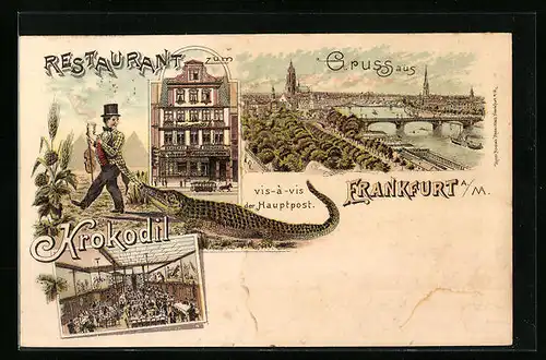 Lithographie Frankfurt a. M., Restaurant zum Krokodil an der Hauptpost, Ortsansicht mit Paulskirche