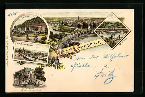 Lithographie Cannstatt, Ortsansicht, Wilhelma, Kursaal