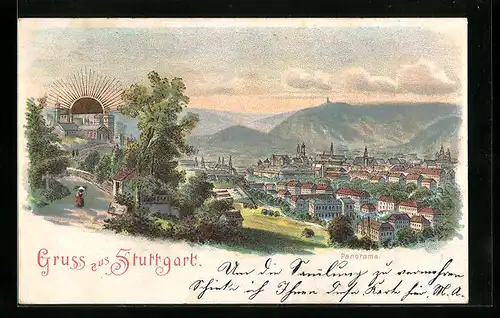 Lithographie Stuttgart, Panorama mit aufgehender Sonne