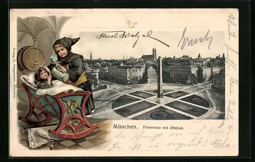 Passepartout-Lithographie München, Panorama mit Obelisk und Münchner Kindl