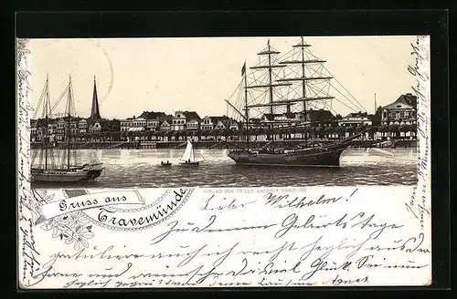 Lithographie Travemünde, Segelschiffe und Panorama