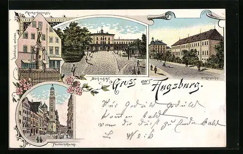 Lithographie Augsburg, Bahnhof, Realschulen, Perlachturm