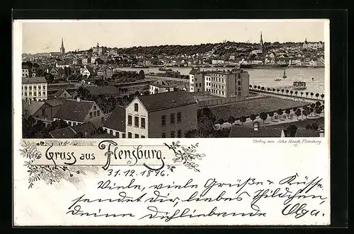 Lithographie Flensburg, Ortsansicht mit Kirchen